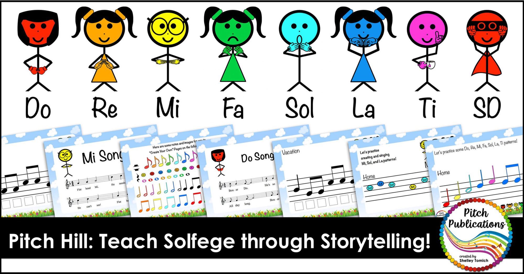 Picture of colorful stick figures with the text "Pitch Hill: Teach Solfege Through Storytelling!"