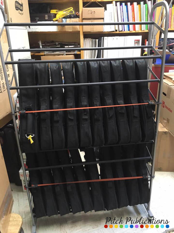 This is a great post on storing ukuleles in the music classroom. There are so many great ideas and pictures for ukulele storage! #pitchpublications #elmused #tptmusiccrew