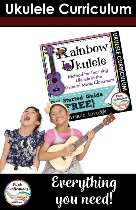 Rainbow Ukulele is a fun, sequential ukulele curriculum designed for elementary music teachers. Want to teach ukulele but feeling overwhelmed? No worries! Rainbow Ukulele has everything you need to teach ukulele in the music classroom!