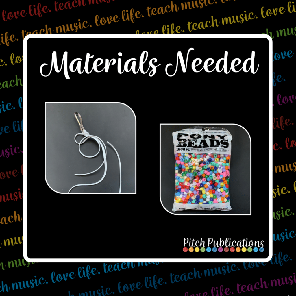 A picture that says "Materials Needed" with a picture of white lanyard attached to a silver keychain and a bag of multicolored pony beads