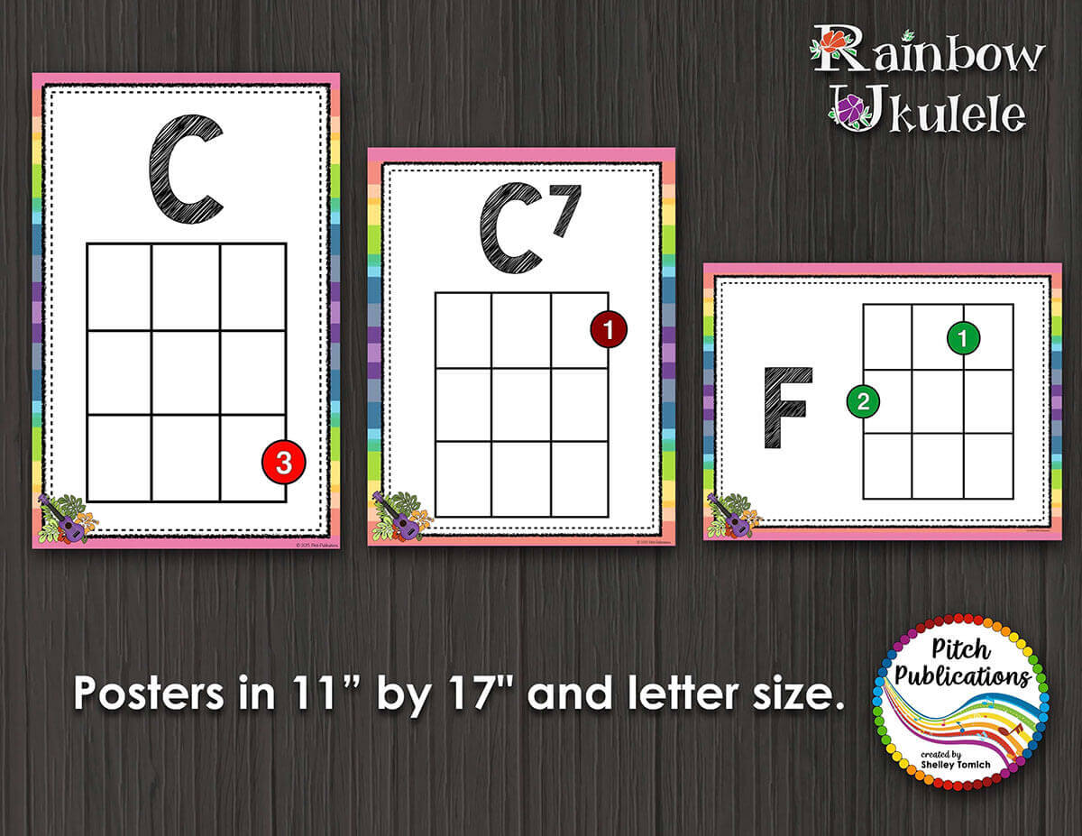 Rainbow Ukulele Chord Chart Posters Printable 11 by 17 and Letter Size