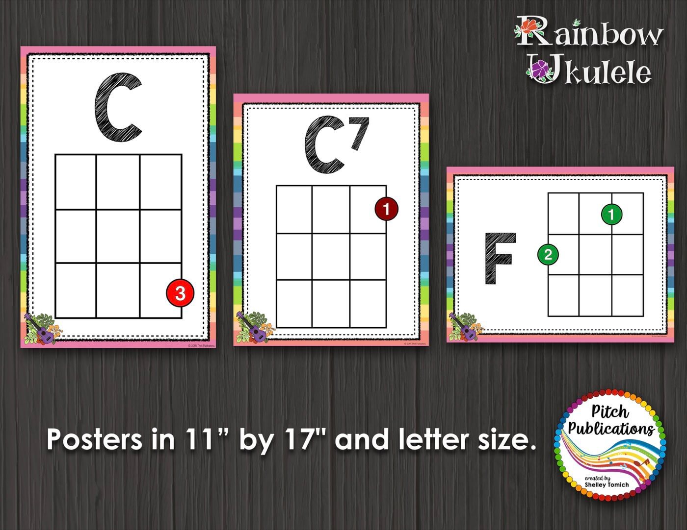 Rainbow Ukulele Fretboard Chord Charts - 11 by 17 and Letter Size