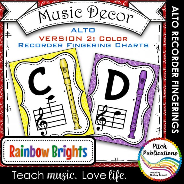 Alto Recorder Fingering Chart Posters v2 - Music Decor Rainbow Brights