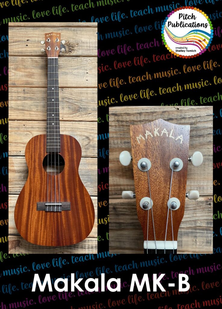 A picture of a Makala MB Ukulele and a close up of the ukulele head