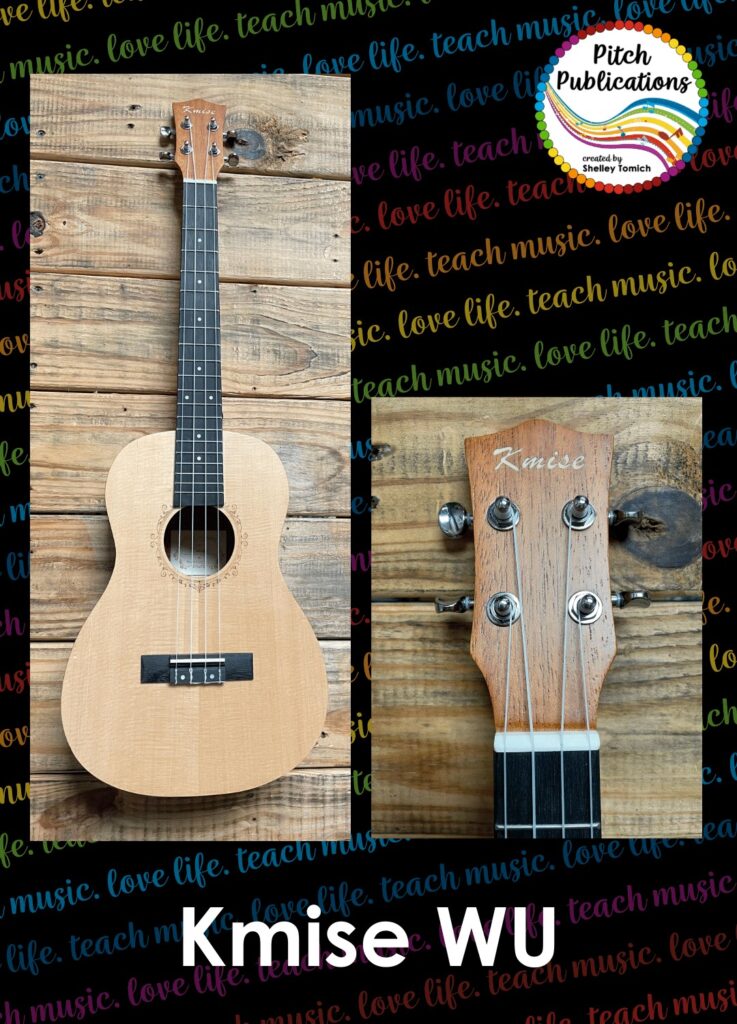 A picture of a Kmise Ukulele and close up of the head