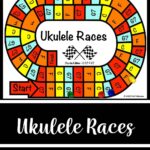 A game board of ukulele races with cards. Text that says "Ukulele Races - C, C7, F, G7 chords, Game, Review, Centers Activity