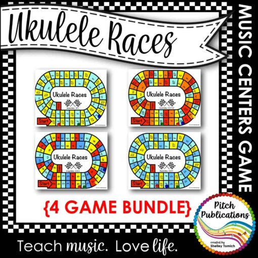 The words Ukulele Races in a banner. Underneath are four different game boards. The text says 4 game bundle