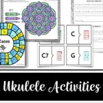 Examples of the ukulele activities including a game board, matching chord tiles, chord coloring flower, and mystery tab example. At the bottom, the text says "Ukulele Activities Megabundle"