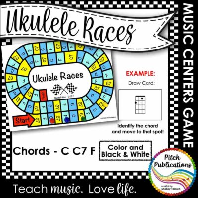 The words Ukulele Races in a banner. Underneath is a game board and chord card sample. Chords include C, C7, and F