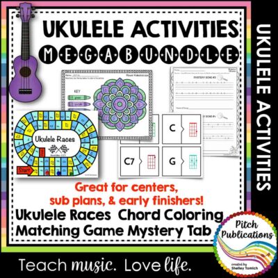 A cartoon purple ukulele with text that says "Ukulele Activities Megabundle." Underneath are examples of the products included. At the bottom, the text says "Great for centers, sub plans, and early finishers! Ukulele Races, Chord Coloring, Matching Game, Mystery Tab"