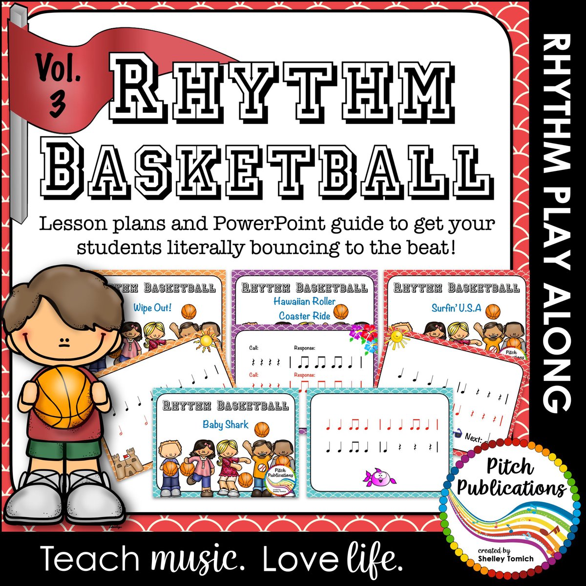 The words Rhythm Basketball in athletic jersey letters. Underneath are slide examples with song titles including Surfin' U.S.A., Baby Shark, Wipe Out, and Hawaiian Roller Coaster Ride. Image of small child with basketball.