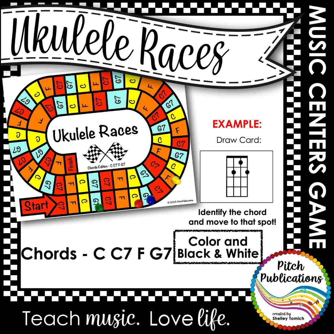 The words Ukulele Races in a banner. Underneath is a game board and chord card sample. Chords include C, C7, F, and G7