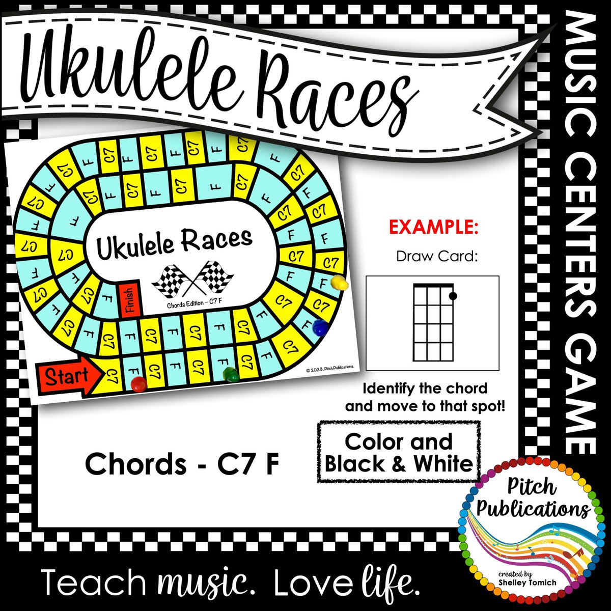 The words Ukulele Races in a banner. Underneath is a game board and chord card sample. Chords include C7, and F