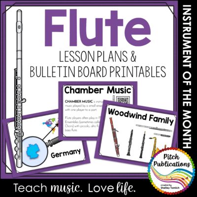 Flute in the center purple. Underneath reads lesson plans and bulletin board printables. Three images from the product are included, a map of Germany, chamber music slides, and woodwind family instrument images