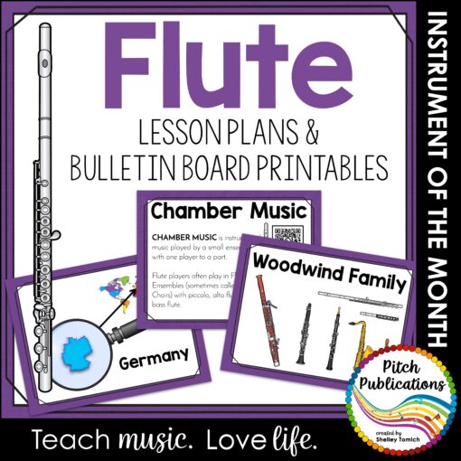 Flute in the center purple. Underneath reads lesson plans and bulletin board printables. Three images from the product are included, a map of Germany, chamber music slides, and woodwind family instrument images