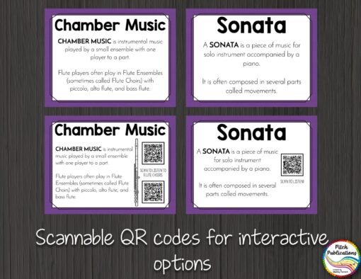 Scannable QR codes for interactive options. Four example slides including chamber music, chamber music with QR codes, sonata, and sonata with QR codes.