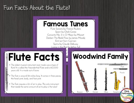 Fun Facts About the Flute! Three example slides including Famous Tunes, Flute Facts, and Woodwind Family images.