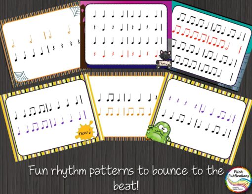 6 sample slides featuring rhythms with quarter notes, quarter rests, and half notes appear above the words fun rhythm patterns to bounce to the beat!