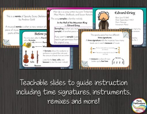 The words teachable slides to guide instruction including time signatures, instruments, remixes, and more! appear with sample rhythm basketball cards