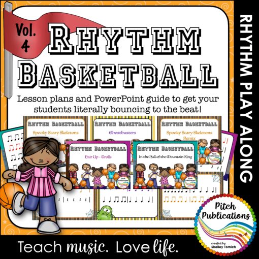 The words Rhythm Basketball in athletic jersey letters. Underneath are slide examples with song titles including Spooky Scary Skeletons, Spooky Scary Skeletons Remix, Ghostbusters, In the Hall of the Mountain King, and Hair Up. Image of small child with basketball.