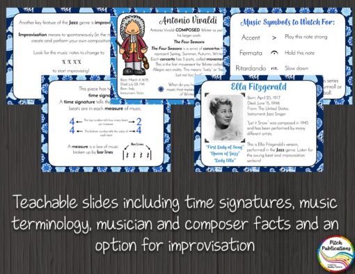 The words “teachable slides including time signatures, music terminology, musician and composer facts, and an option for improvisation “ appear with sample rhythm basketball cards