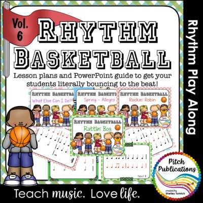 The words Rhythm Basketball in athletic jersey letters. Underneath are slide examples with song titles including Rattlin' Bog, Rockin' Robin, What Else Can I Do?, and Spring - Allegro. Image of small child with basketball