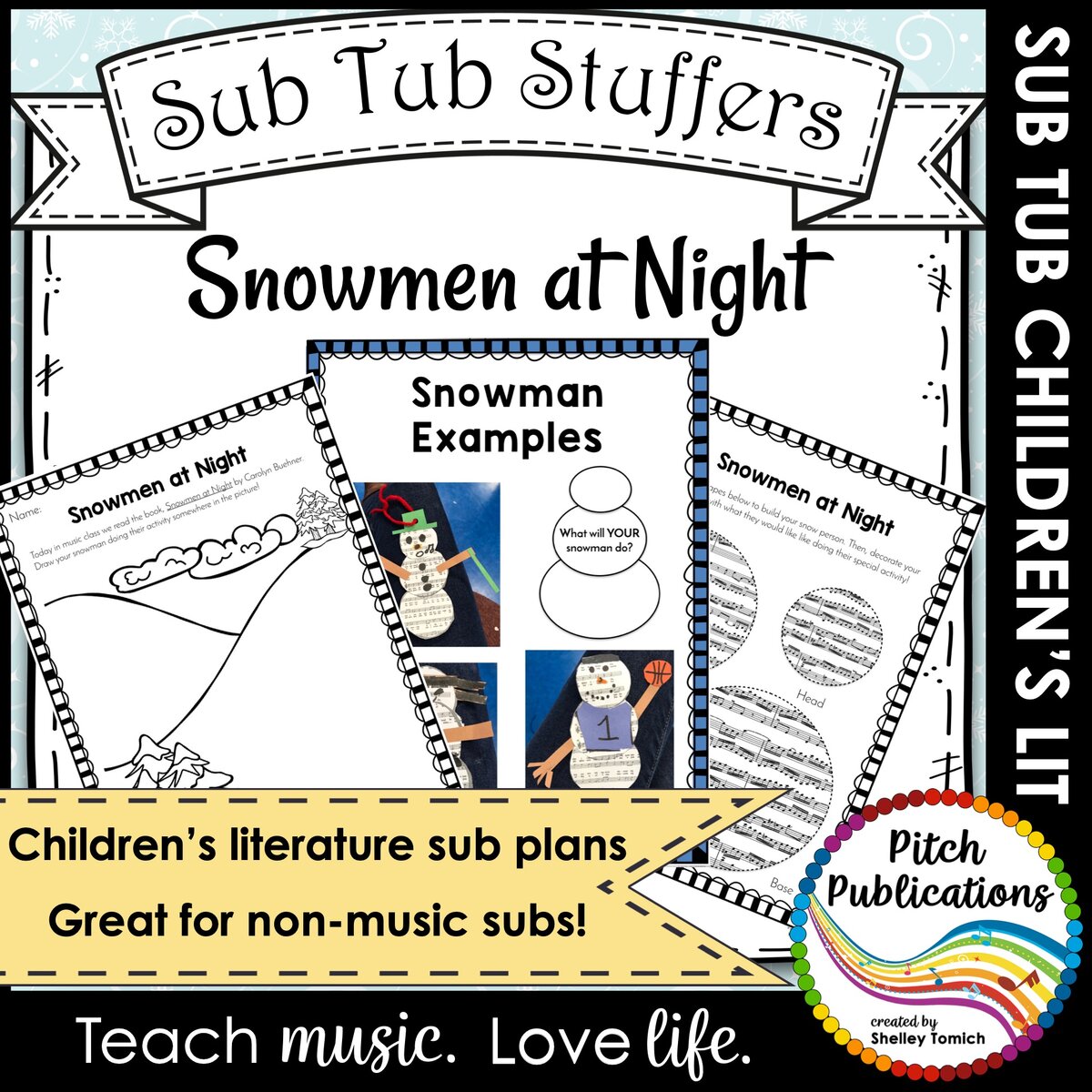 The Snowman at Night Sub Tub Stuffer. Image includes three sample worksheets including a coloring sheet of snowy hills and trees, images of snowmen examples using sheet music, and the sheet music circles to cut out to make the snowman.