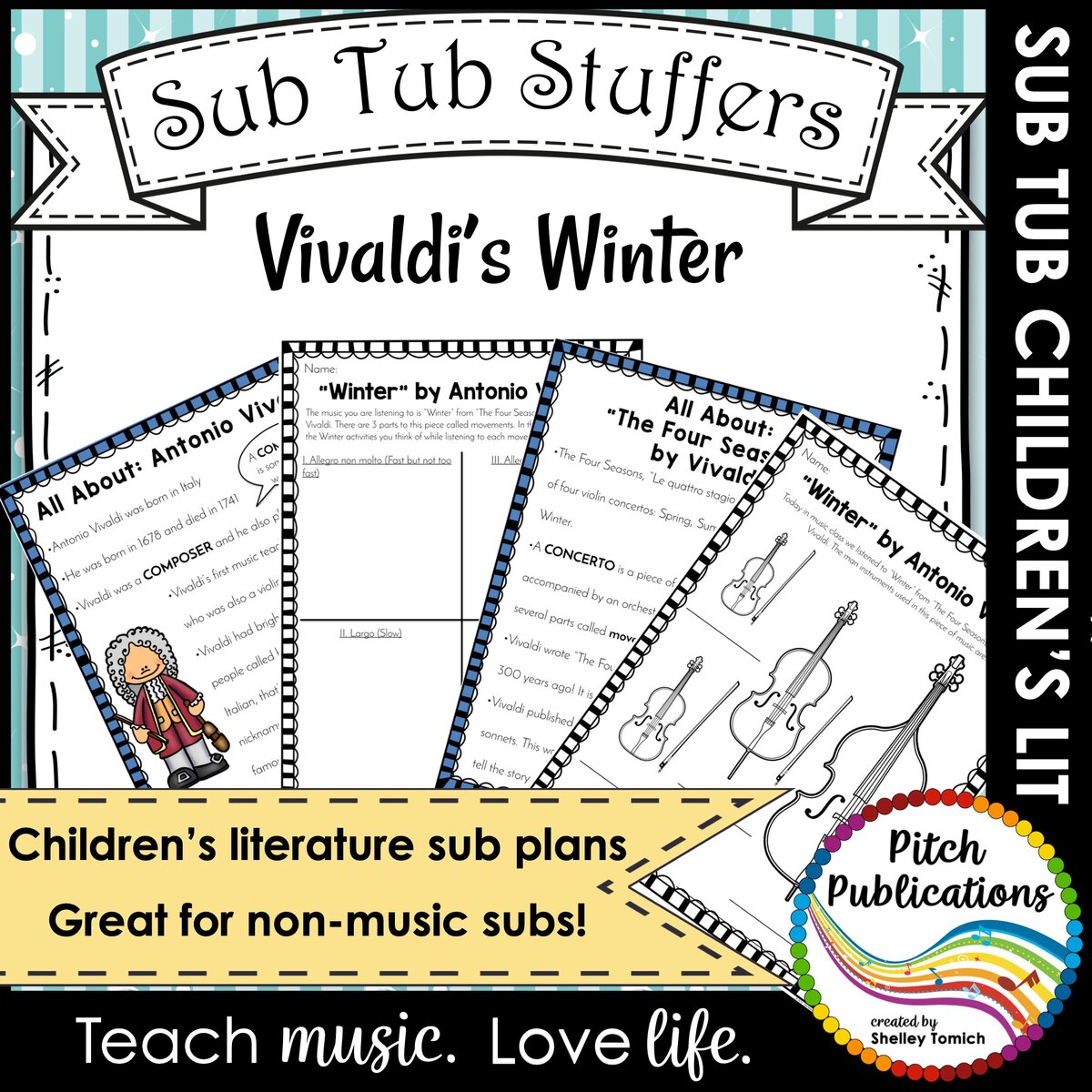 A banner that says Sub Tub Stuffers stretches across the top of the the title "Vivaldi's Winter" A few sample images from the set including posters and worksheets are included as small boxes.